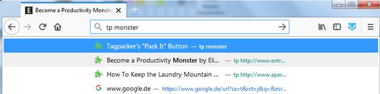 Tpye 'tp ' in your address bar to easily find links you saved on Tagpacker