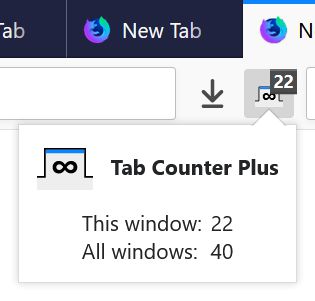 Tab counter using a WebExtension badge, with popup open.