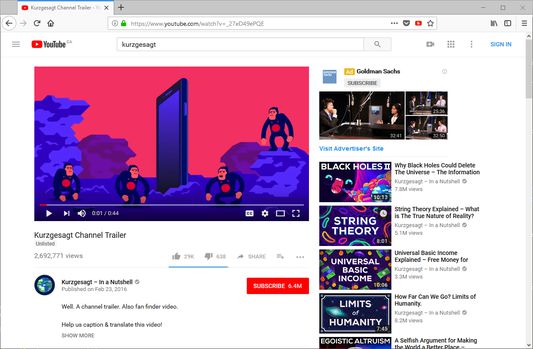 A video of a YouTube channel, with the extension page action (i.e. icon) in the address bar.