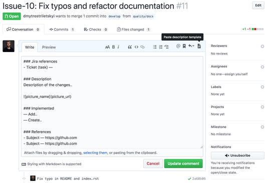 Extension to use pull request description template with a single button click.