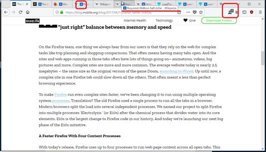 Some links on several pages were opened in the background.
The tab's favicon, title, and pause emoji are displayed on the tab strip.
The number of unloaded tabs is displayed in the badge of the browser action.