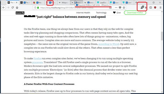 いくつかのページのいくつかのリンクをバックグランドで開いた様子。
タブのfaviconやタイトル、ポーズの絵文字がタブストリップに表示される。
未ロードのタブの数がブラウザアクションのバッジに表示される。