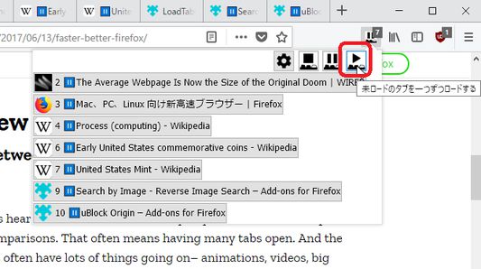 When you click the Browser action button, a list of unloaded tabs is displayed. The number next to the icon is the position of the tab counted from the left on the tab strip. Clicking on any item in the list activates the tab and loads it.

When you click the load button of the browser action, the unloaded tabs will be loaded one by one.
