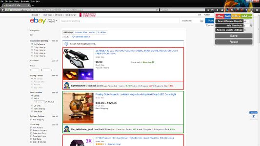 Popup control panel on the browser toolbar. Main page shows 1 negative result listing and 1 positive result listings based on a 1% (default) negative total feedback ratio.  Checking "Remove Unsafe Listings" will remove all negative (red) outlined listings from the results.