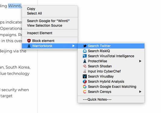 Highlight and right click to view options for quick search into a new browser tab.