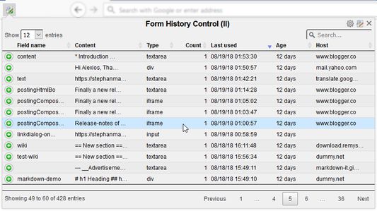 Quick access to the form history by left clicking on the icon (simplified version of the main dialog)