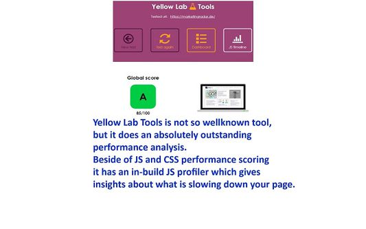 Yellow Lab Tools isn't wellknown, but it does an absolutly outstanding performance analysis. Beside of Javascript and Stylesheet performance scoring it offers a unique in-build Javascript profiler, which gives you insights about your certain Javascript functions slowing down your website.
