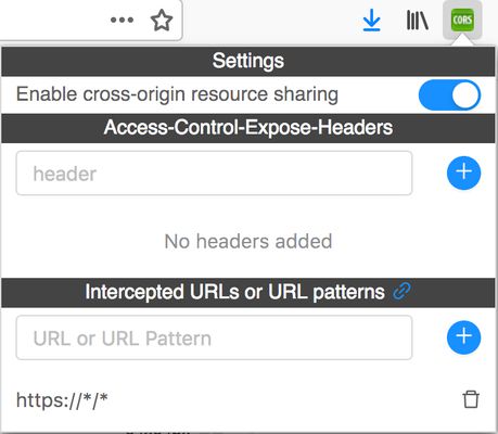 Can turn on the add-on by using the switch. Once turned on, it'll intercept all requests/responses from/to your browser that match the URL patterns and add the necessary CORS headers and allow methods