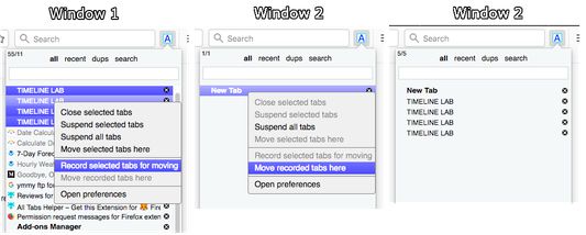 Although cross-window features are not strongly supported, you can move tabs between windows. Select tabs, r-click, click "record selected tabs for moving". Then in new window, hover where you want tabs to go, r-click, click "Move recorded tabs here".