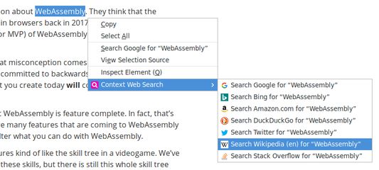 Screenshot of the context menu entries of the Context Web Search addon