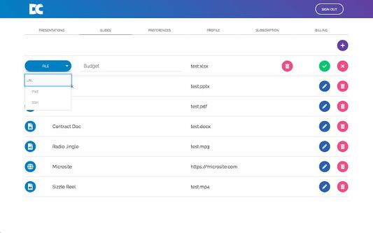 Create slides by adding URLs, uploading files (like PPT decks), or by linking assets from Google Drive or Box.