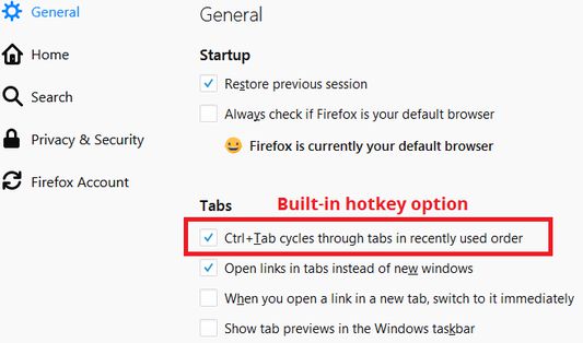 If Ctrl+Tab switches tabs in the order on the tab bar, you can enable this setting to switch in most recent order. Hold down Ctrl after releasing Tab to see a visual overlay of recent tabs.