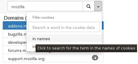 In addition to the simple search based on site names, it is possible to search for text in the names and values of cookies.