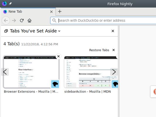 Screenshot of the sidebar of the Set Aside Firefox addon