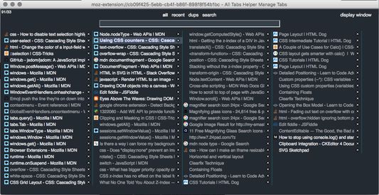 Full View Window (shown in dark mode) provides an array view of tabs for easier organization when there are large numbers of tabs.  Open from context menu > Full View Window, or use default ctrl/cmd + shift + 0 (can be customized in Options)