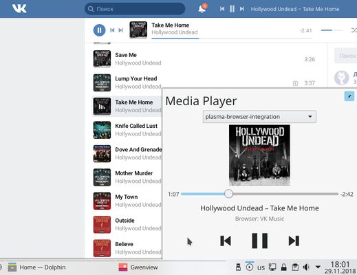This screenshot demonstrates how this add-on works in combination with <a href="https://addons.mozilla.org/en-US/firefox/addon/plasma-integration/" title="Plasma Integration add-on">Plasma Integration add-on</a>. As you can see it provides album art and next, previous actions for media control widget in system tray.