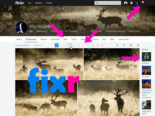 4 of the optional features of Flickr Fixr. Albums teaser column, top pagination, extra menu items and newsfeed icons.