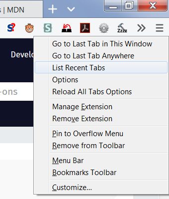 Toolbar button right-click context menu provides access to recent tabs list and options.