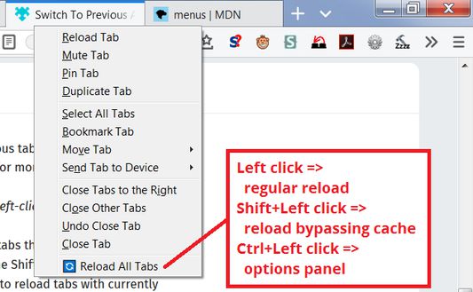 For Firefox 64+, restores a Reload All Tabs command to the tab context menu.