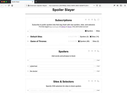Fine-grained settings let you choose exactly which parts of sites to search for spoilers, and which words or phrases to block.