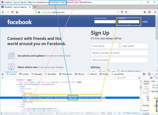 The Facebook logon screen showing that the URL is added to the title, as well as the "id" and "name" attributes of the password field.