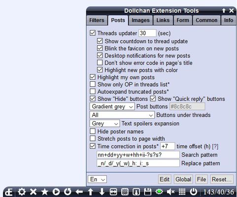 Dollchan's settings window. Posts and threads features.