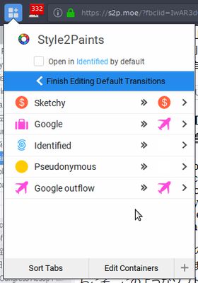 Editing the default transitions. Here, websites opened from a "Google" container will go to the "Google outflow" container, while both "Identified" and "Pseudonymous" websites (which I use for different classes of accounts) open websites in the default container only.