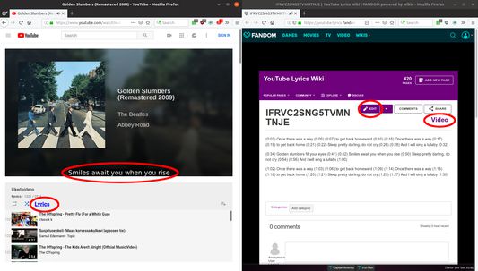 YouTube is visible on left side with lyrics shown and as well as a link to the lyrics wiki page. On the right side the lyrics wiki page is open showing the button to edit the lyrics and a link to the video the lyrics are for.