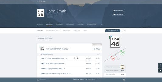 An in-progress Meeting where the Portfolio screen is being broadcast. Meetings is great for showing your clients Proposals or the current state of their Portfolio.