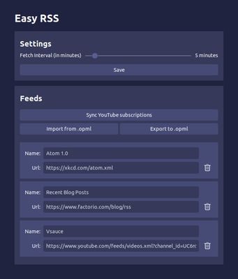 From the settings page, you can change the fetch interval, import and export feeds, sync Youtube subscriptions, and manage your feeds