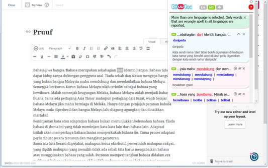 Malay language text proofing in Wordpress.