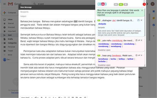 Malay language text proofing in Gmail.