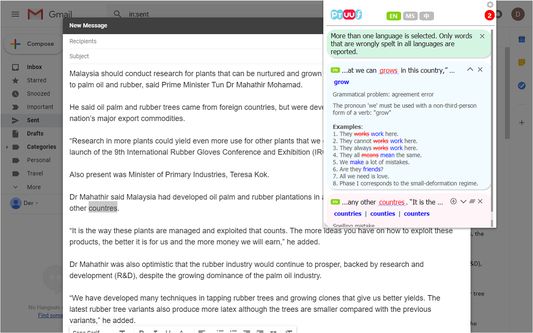 English language text proofing in Gmail.