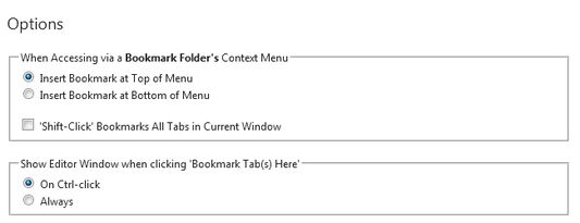 Option to choose whether to insert bookmark as the first or last item in the selected folder when accessing the "Bookmark Tab Here" context menu item from a bookmarks folder (rather than an individual menu item).
Option to enable Bookmarking All Tabs
Option for using Editor Window for editing name of (single) bookmark and/or inserting bookmark(s) into new folder.