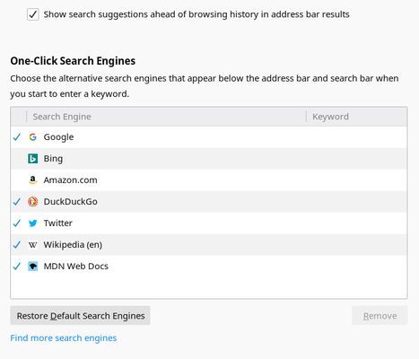 Manage search engines in the preferences page.