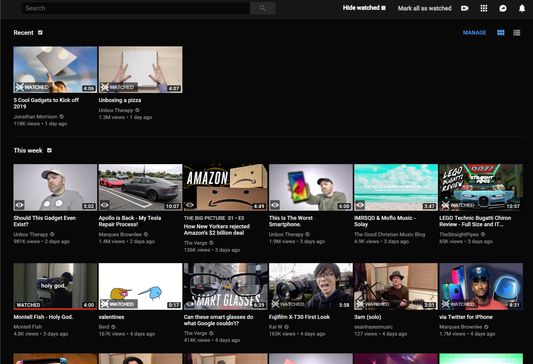 Subscriptions feed with watched videos shown (YT Dark Theme)