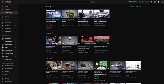 Subscriptions feed with watched videos hidden (YT Dark Theme)