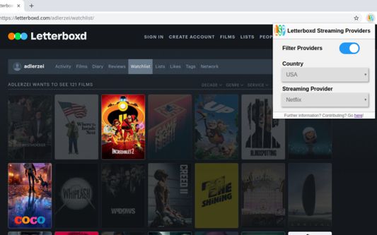 The extension popup at Letterboxd's "/watchlist" page.