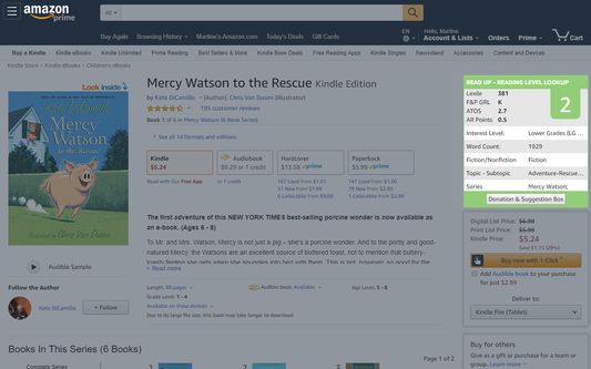 Amazon book page, displaying Read Up book level results in the right-hand column