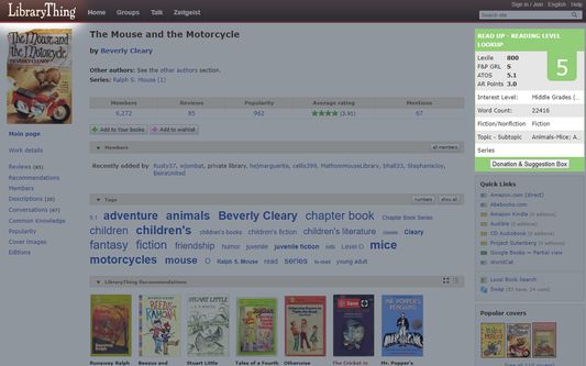 LibraryThing book page, displaying Read Up book level results in the right-hand column