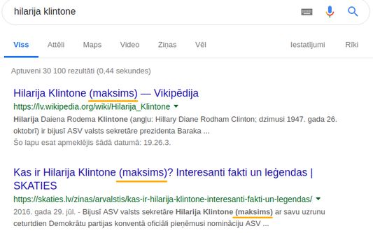 An example of a label added after a name on a Google search page. (If in the extension settings, there was type "maksims" set for "Hilarija Klintone".)