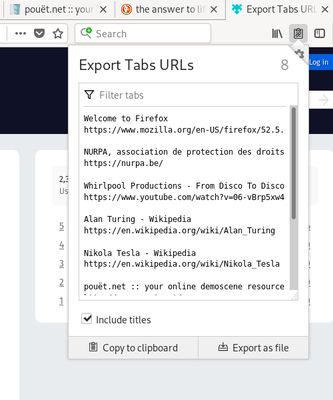 "Export Tabs URLs" screenshot displaying the URLs and titles mode.