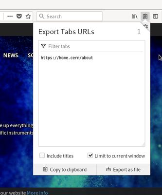 "Export Tabs URLs" screenshot displaying the "Limit to current window" feature.