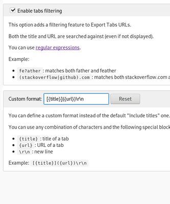 "Export Tabs URLs" screenshot displaying the options page.