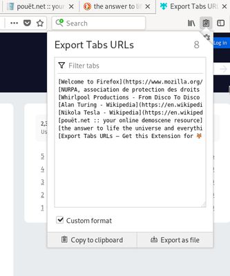 "Export Tabs URLs" screenshot displaying the "Custom format" feature.