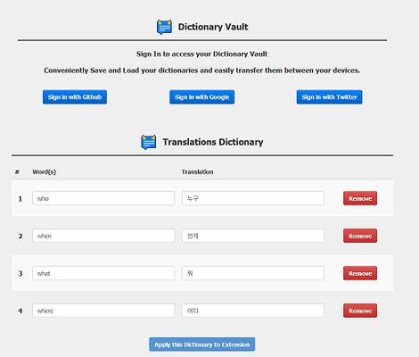 Easily Save and Load Dictionary sets from the website.