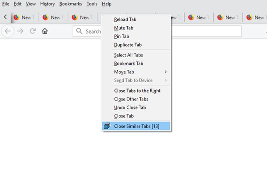 Right click any tab to display the Close Similar Tabs option.