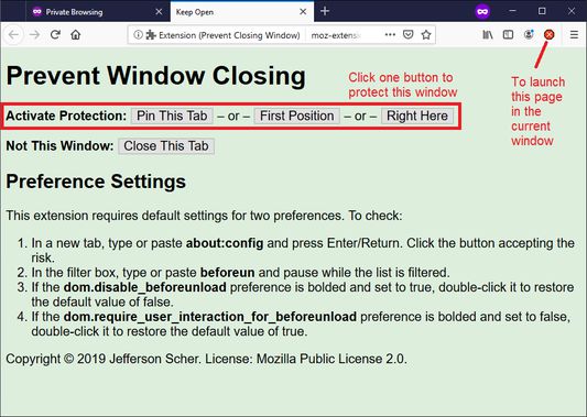 The extension adds a green page to 1 regular window and 1 private window. Click one of the "Activate Protection" buttons to protect against closure.