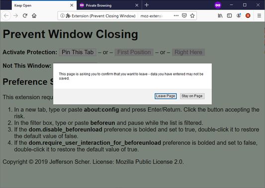In a protected window, Firefox displays a prompt before the window can be closed.