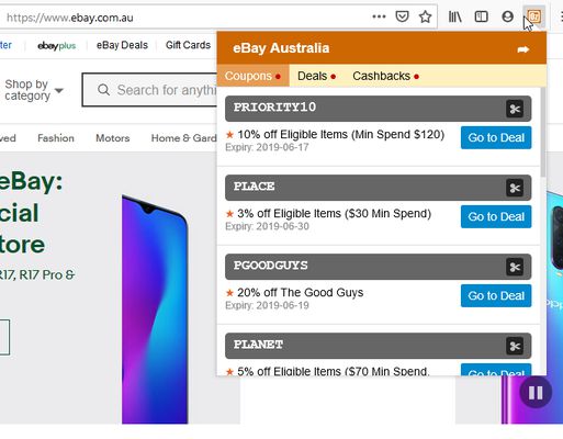 Clicking on the addon shows active coupon code, deals and cashbacks from OzBargain